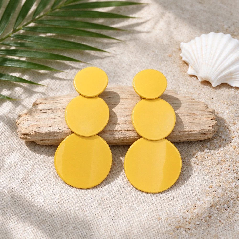 Minimalist Three-Layer Circular Oil-Drip Dangle Earrings, Geometric Large and Small Circle Splicing Long Earrings, European and American Style Colorful Accessories, Multiple Options Available