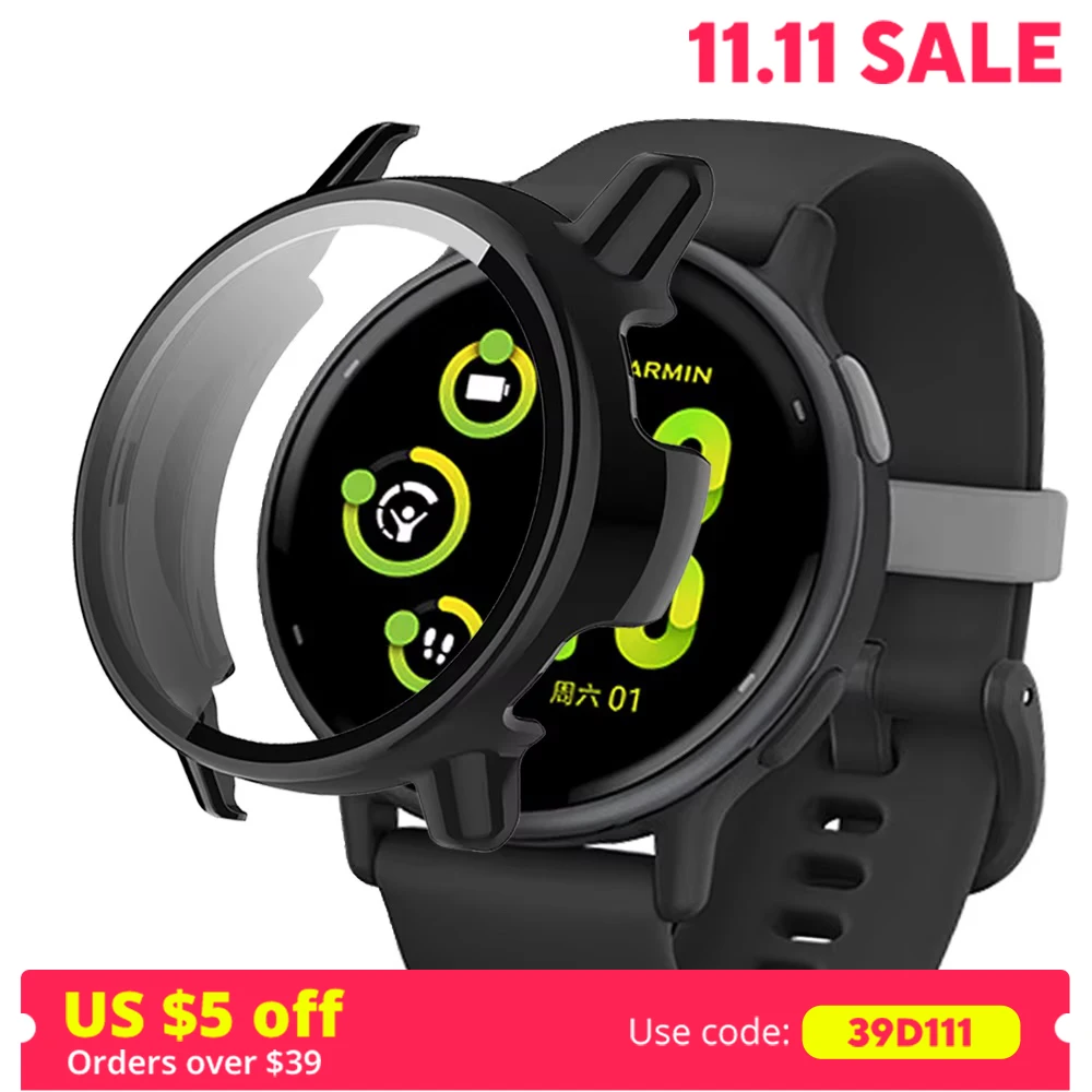 Glass+Case for Garmin VivoActive 5 Tempered Glass Screen Protector & Hard PC Protective Bumper Garmin Vivo Active 5 Accessories