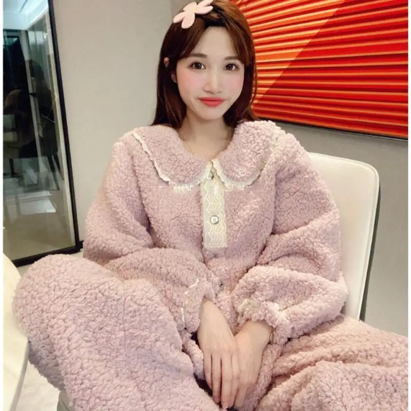 Hot Minimalist Lamb Fleece Leisure Wear Winter Thicken Cute Sweet Long Sleeves Loungewear Set Two-Piece Set Dopamine New Style