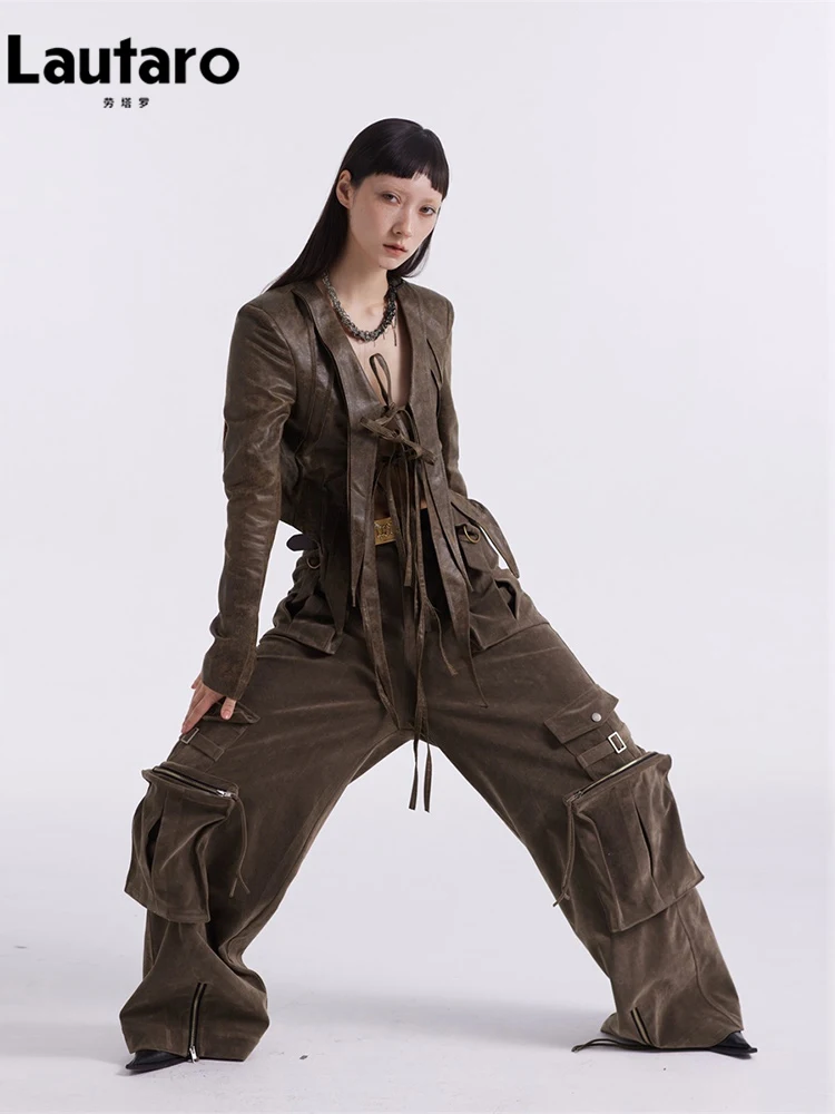 Lautaro Spring Autumn Loose Cool Suede Faux Leather Cargo Pants for Women with Many Pockets Emo Runway European Fashion 2023