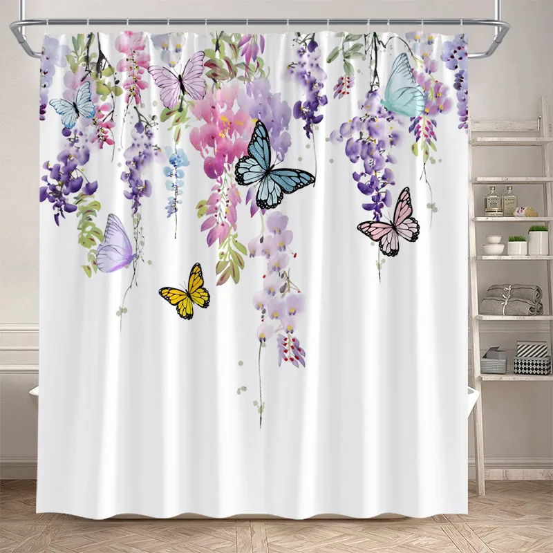 Watercolour Floral Shower Curtain Butterfly Purple Lavender Vine Flowers Modern Fabric Home Bathroom Curtains Decor With Hooks