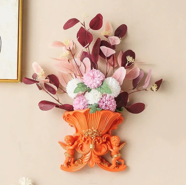 European Resin Angel Wall Vase Ancient Wall Fake Flower Pot Mural Crafts Decoration Home LIvingroom Wall Sticker Basket Ornament