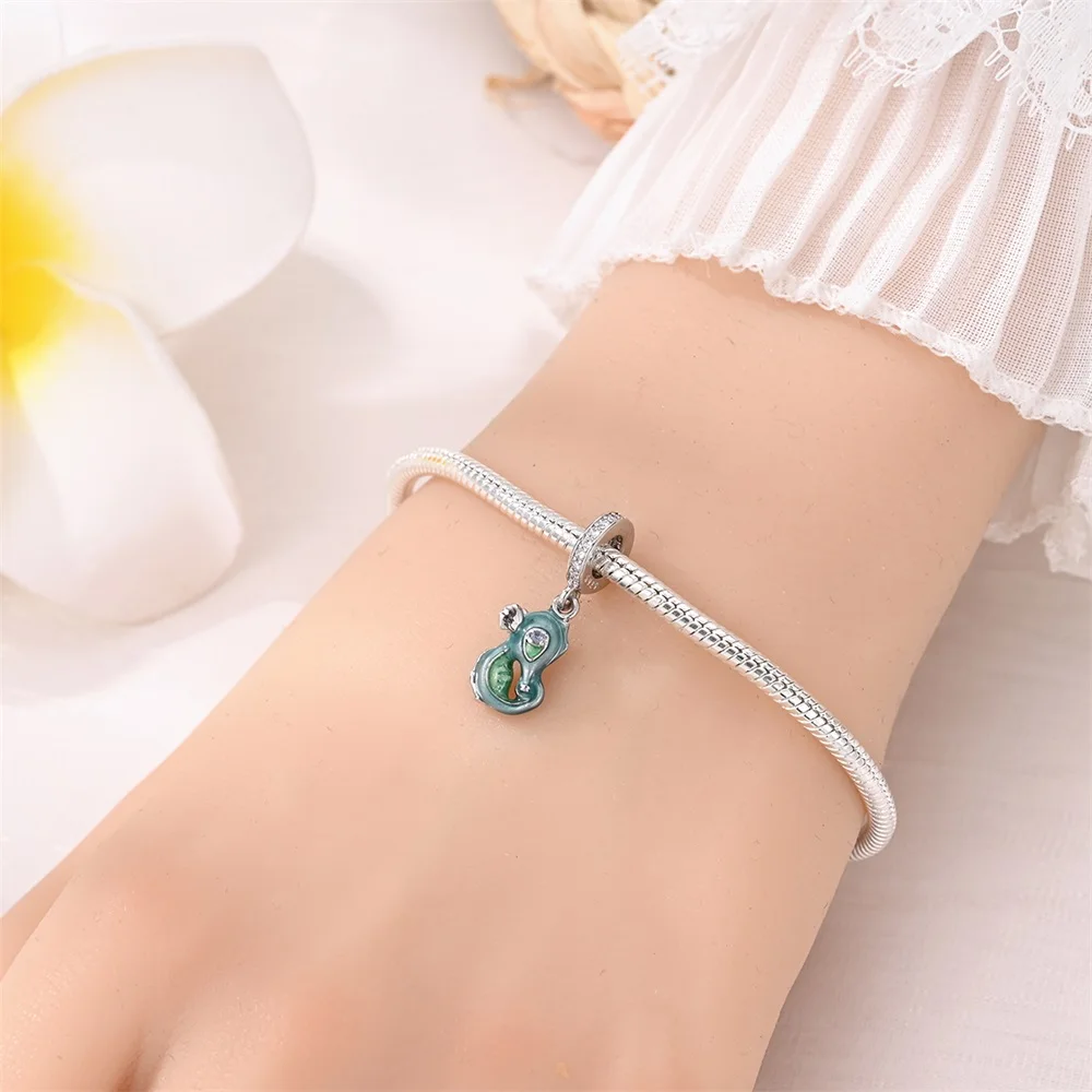 Classic 925 Sterling Silver Blue-Green Cartoon Seahorse Charm Fit DIY Bracelet Necklaces Women's Daily Cute Jewelry Accessories