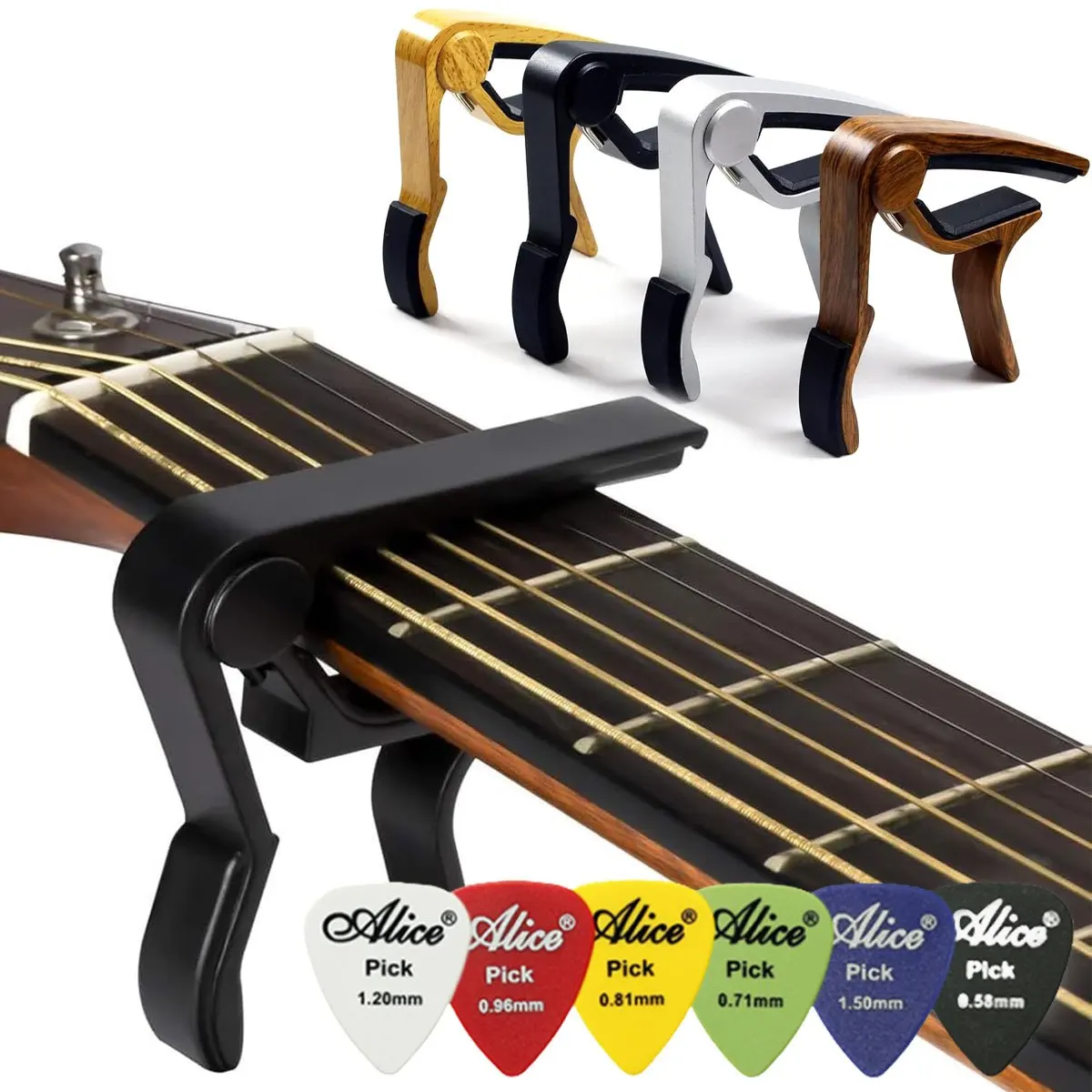 Black Alloy Quick Change Guitar Capo with 6 Picks - Precision Control for Acoustic & Electric Guitars ZSY view 4