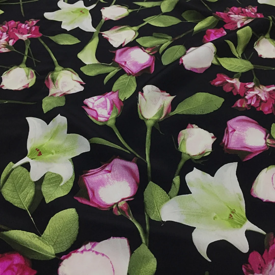 1 meter 100% Mulberry Silk 16 momme Crepe Silk Fabric Black with Lily Flower Printed 138cm 54