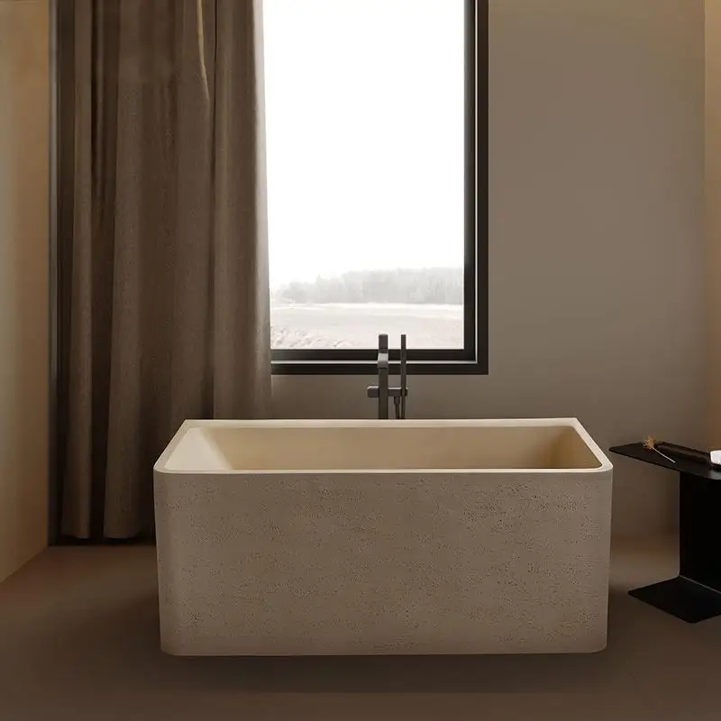 Wabi-Sabi Style Freestanding Square Bathtub, Cream Body Contour Tub with Easy-Clean & Heat Retaining Feature