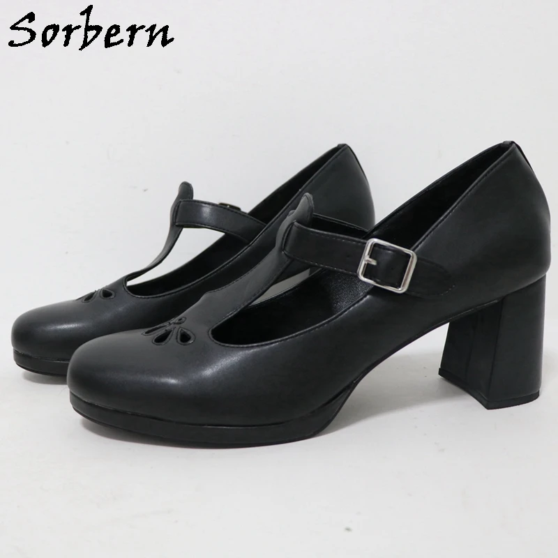 

Sorbern Mary Janes T-Strap Women Pump Shoes Hollow Out 8Cm Square Heels Round Toe Vintage Style Pump High Heels Custom