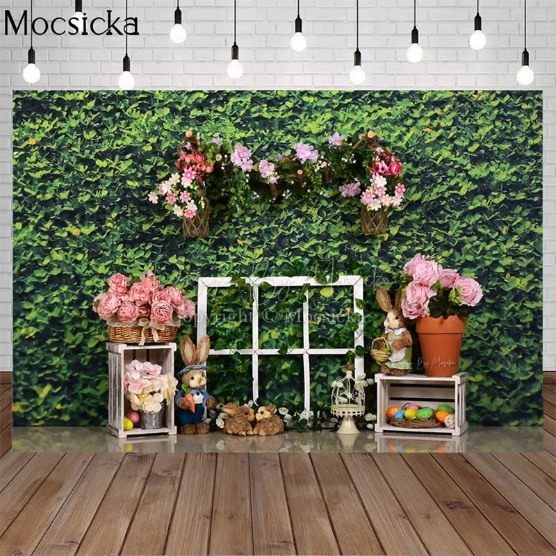 

Spring Easter Green Grass Photography Backdrop Newborn Photo Background Pink Flower Decoration Child Birthday Portrait Photocall
