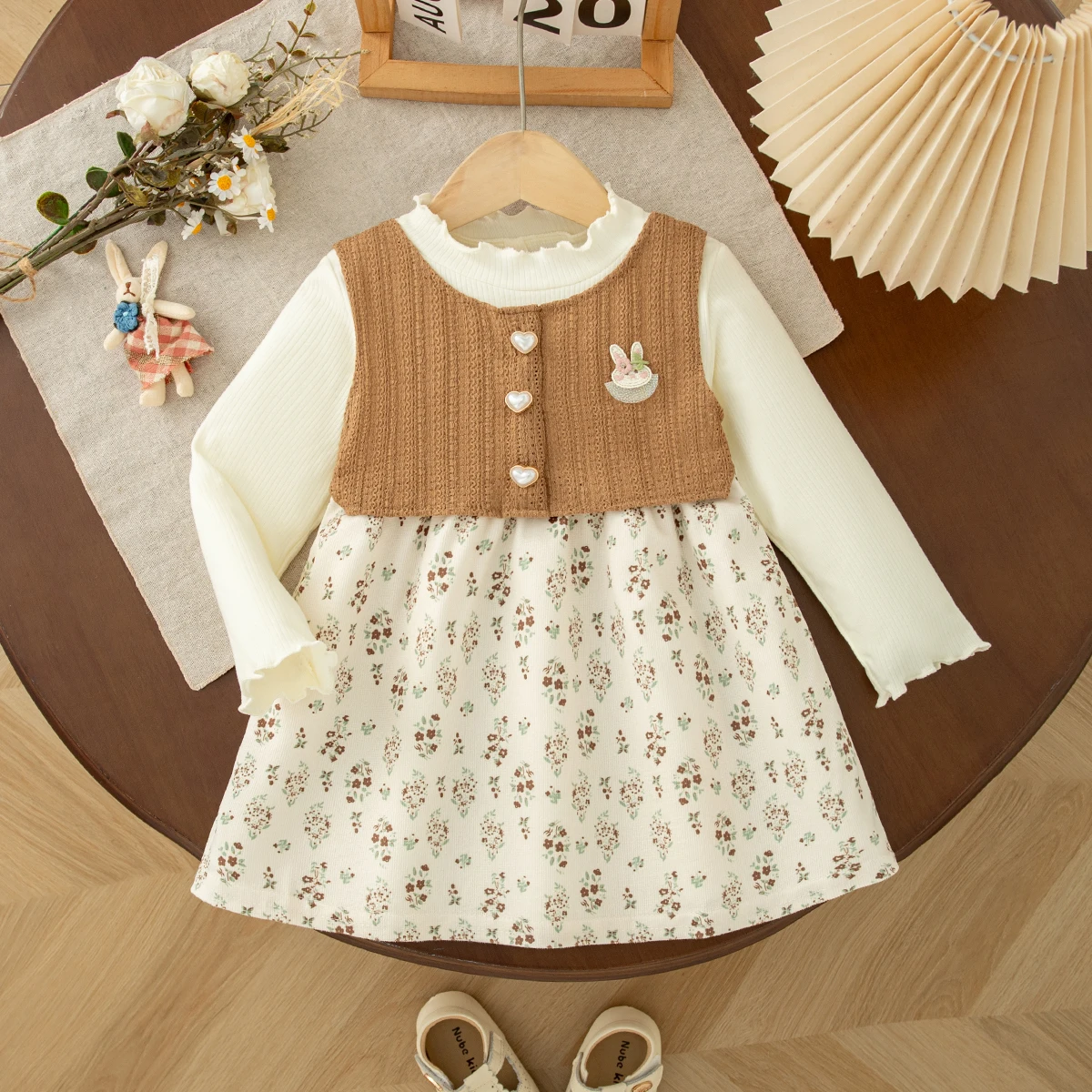 Outfit of The Day Korean Style Autumn Fashion Casual Floral Printed Long Sleeved Knit Spliced Toddler Dress