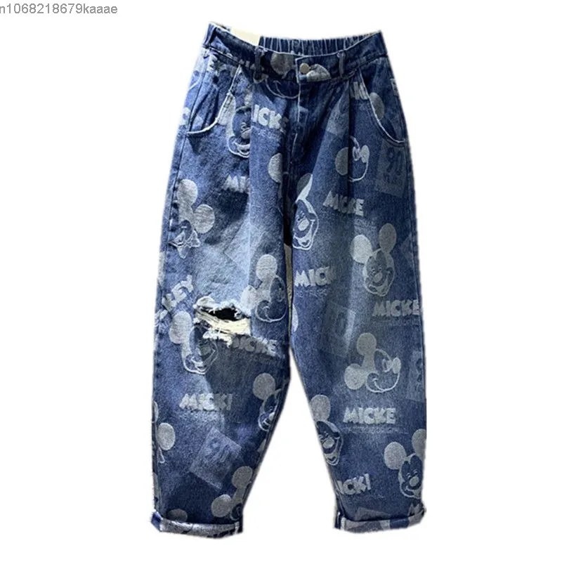 

Disney Fun Cartoon Mickey Hole Design Cowboy Pants Women's Spring Summer New Loose Skinny American Style Trendy Wide Leg Pants