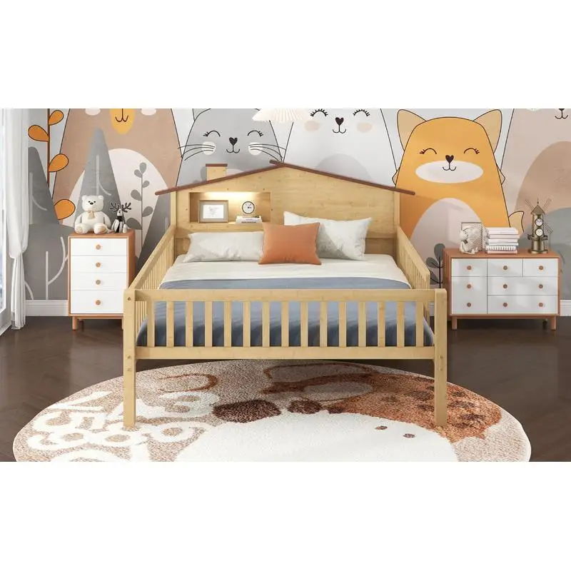 سرير بمنصة خشبية كاملة الحجم مع لوح رأسي على شكل منزل وأضواء LED وتخزين مدمج بلمسة نهائية طبيعية #5