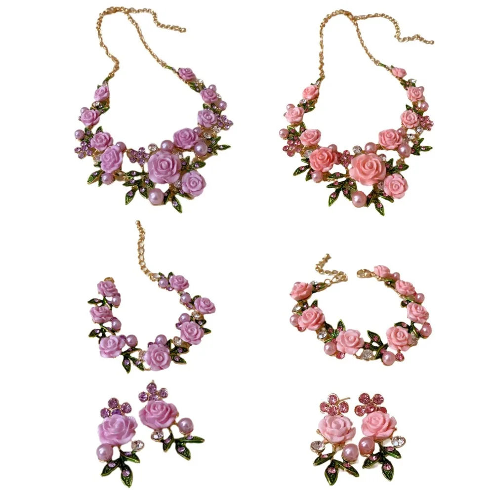Temperament Strass Rose Blume Halskette Süße Halsband Blume Armband Perle Schlüsselbein Kette Ohrstecker Urlaub