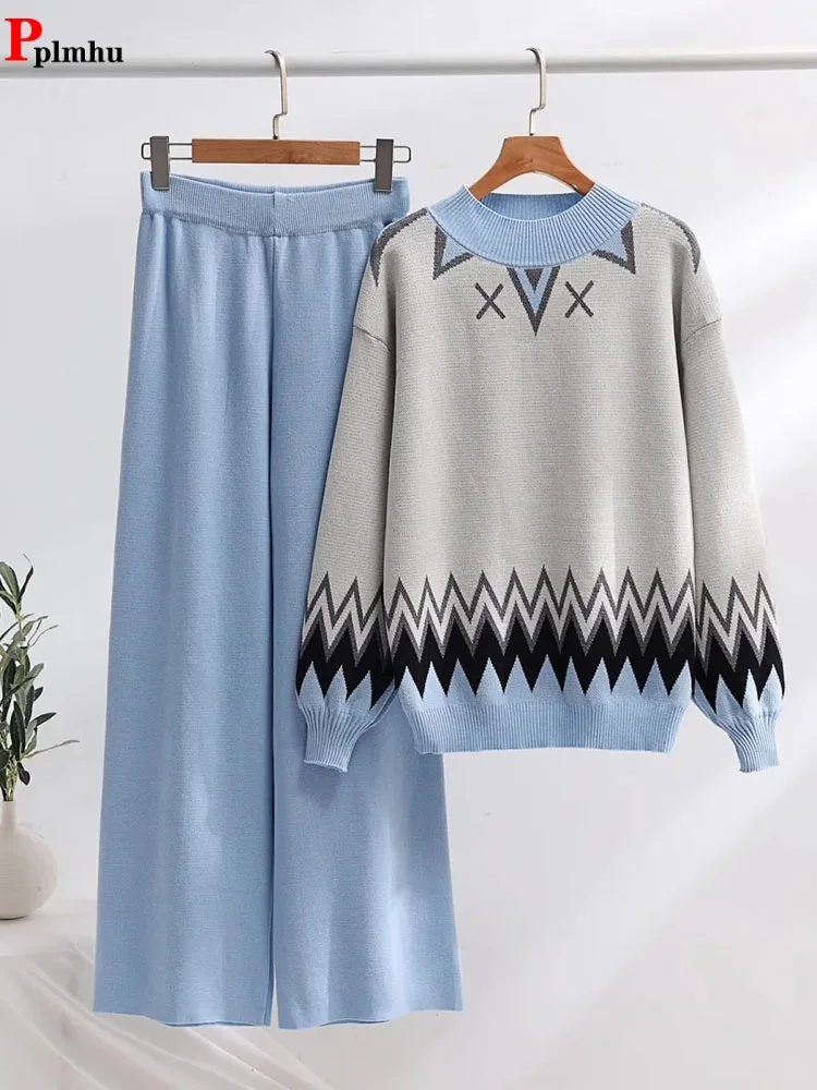 Spring Fall 2 Piece Sets Print Soft Sweater Outfit High Waist Wide Leg Pant Suits Loose Woman Vintage Conjuntos Knitted Ensemble