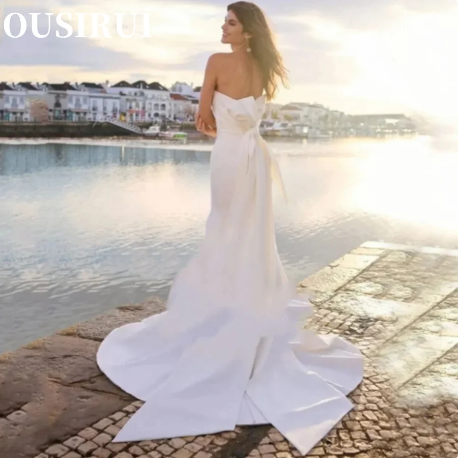 Wedding Dress White Sleeveless Sweetheart Neck Backless Bridal Gown Back With Sirene Simple Satin Mermaid Strapless Big Bow