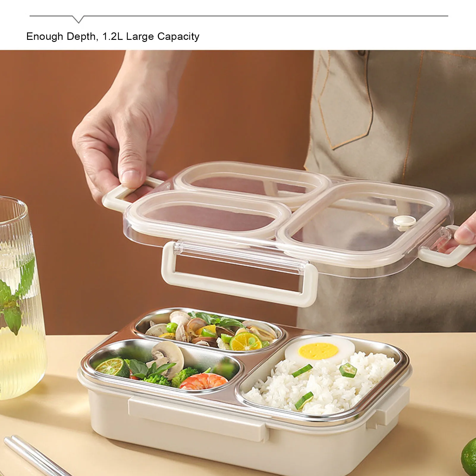 1.2L Capacity Divided Lunch Box 304 Stainless Steel Leakproof Heatable 3 Compartments Rectangular Food Container