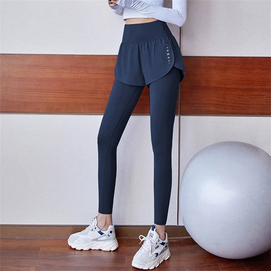 

Fitness Sports Pants Fake Two Pieces Trousers Women High Waist Elastic Tight Running Skirt Sports Quick Dry Yoga Leggings