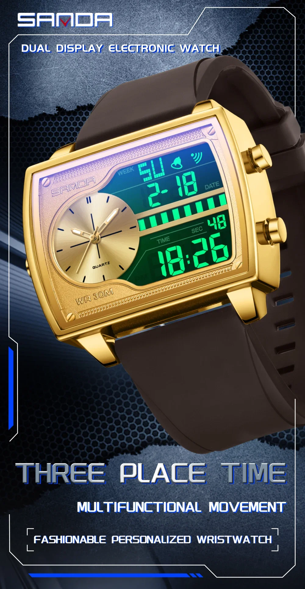 SANDA 6163 Fashion Trend Men's Quartz Watch Fashion Square Watch