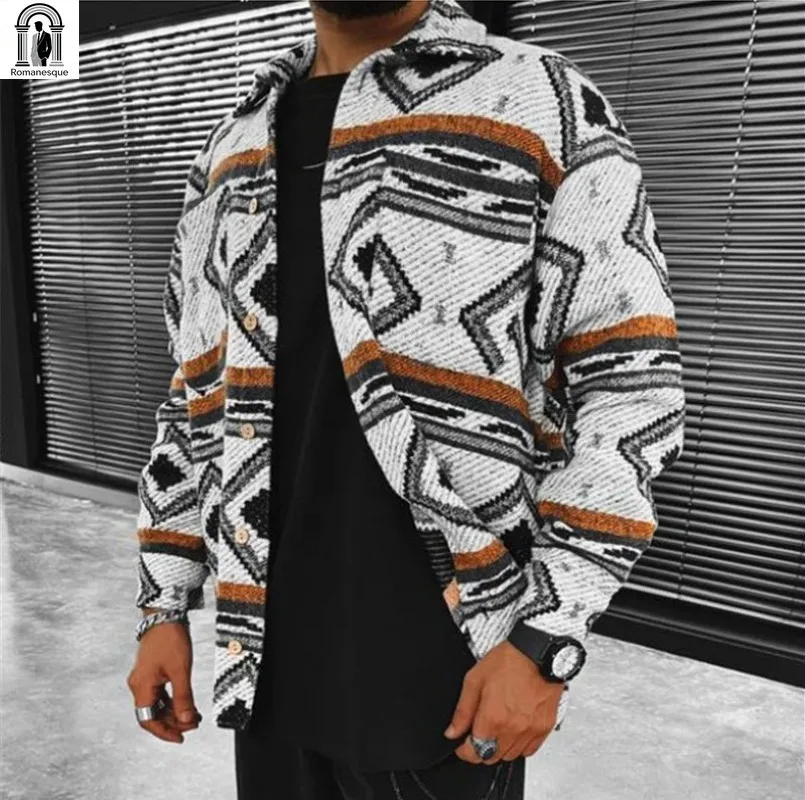 Men's Aztec Geometric Print Shirt Jacket Thick Woolen Button Down Shacket Casual Long Sleeve Coat For Men Fall Winter Multi Colo