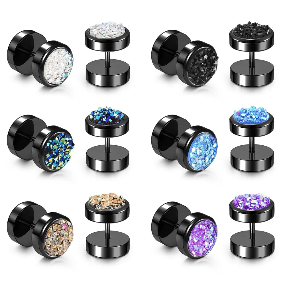 WKOUD 1-6 Pairs Round Stud Earrings Stainless Steel Druzy Studs Set For Women Men Girl Faux Fake Cheater Ear Plugs Gauge Punk