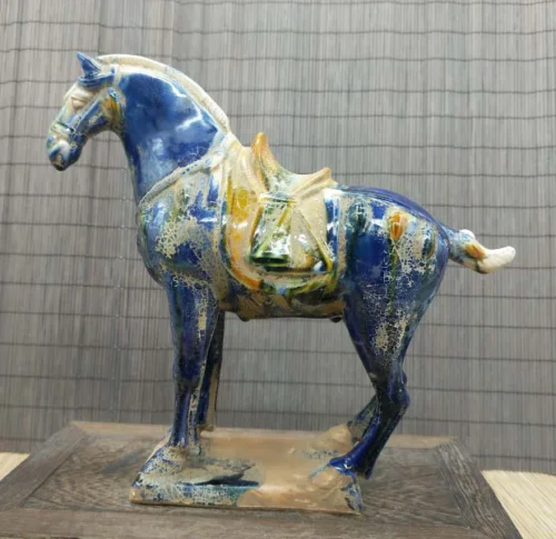 Collect China Ceramics Tri-Color Glazed Pottery Tang Dynasty War-horse Statue