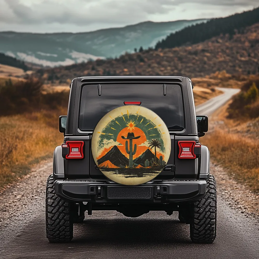 Western Sunset Cactus Tire Cover Polyester Waterproof Sun Protection Cover for SUV Truck