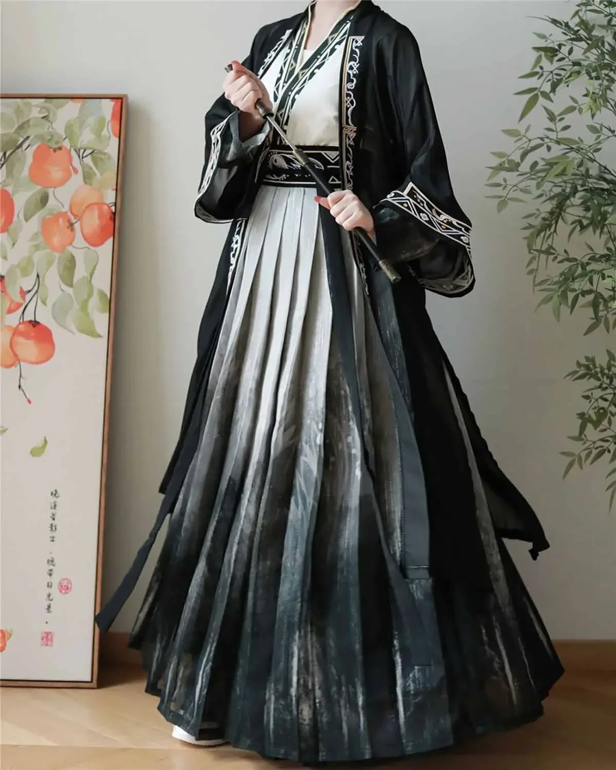 Chinese Hanfu Women Traditional Embroidery Printing Gradient Black Hanfu Cosplay Costume Men Plus Size
