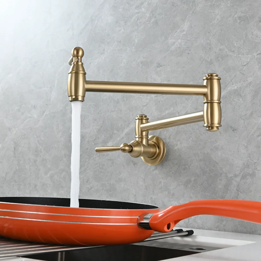 

Brushed Gold Pot Filler Tap Wall Mounted Foldable Kitchen Faucet Only Cold Water Gold Sink Tap Rotate Folding Spout Brass