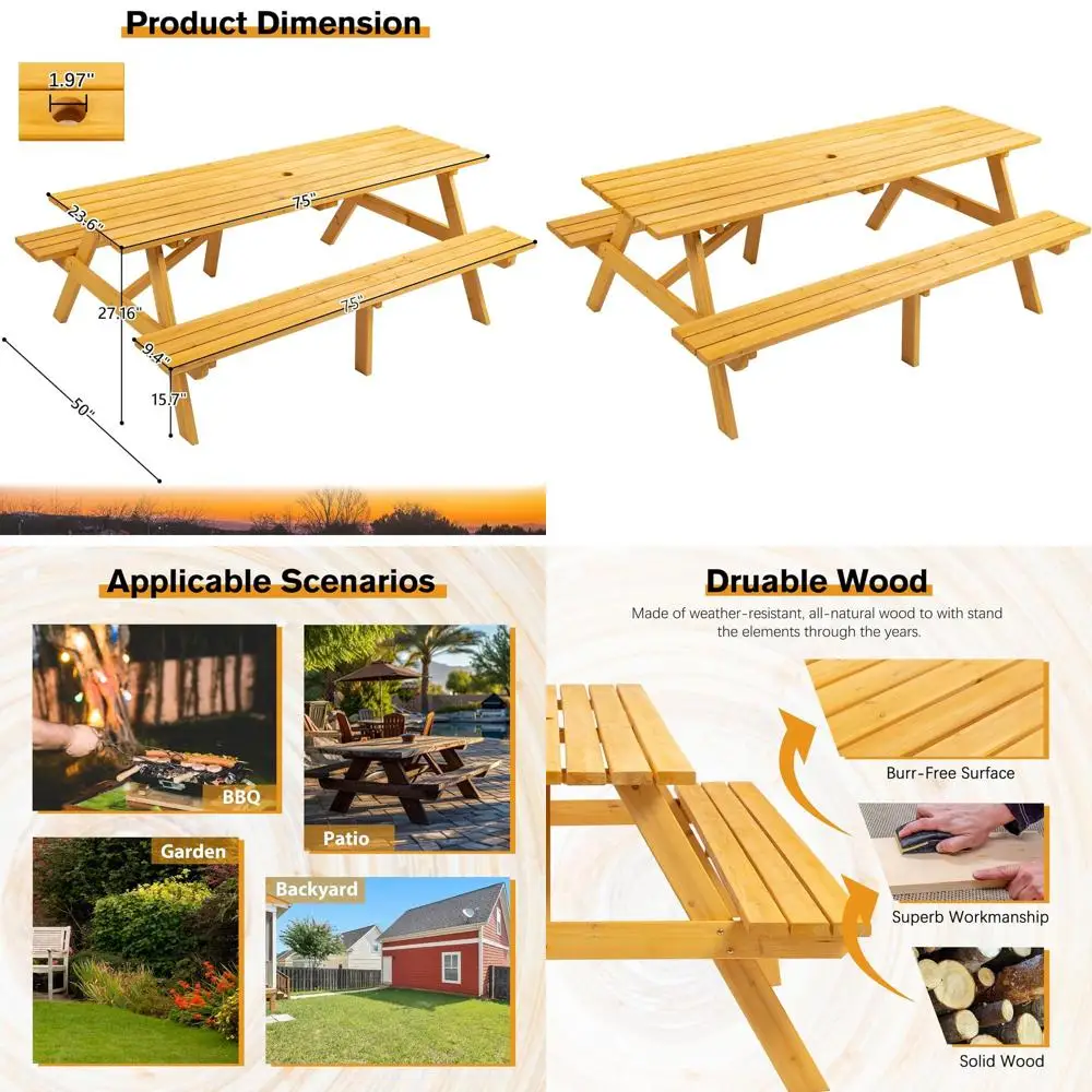 

Natural Wooden Picnic Table with Benches for Outdoor Dining, Garden, or Camping