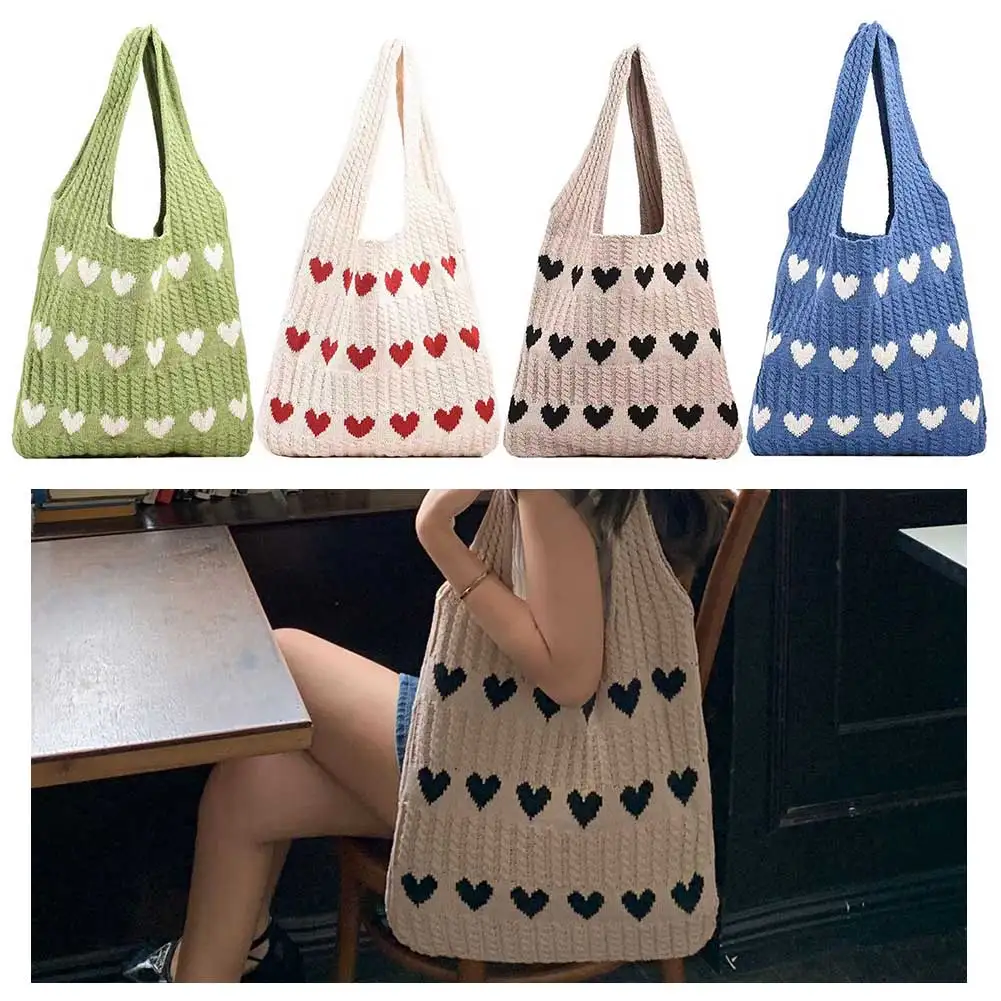 Women Knit Love Tote Bag Color Blocking Lightweight Handbag Large Capacity Crochet Satchel Bag Top Handle Bag Commuting Bag