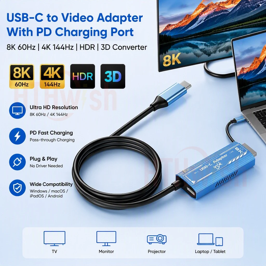 USBC Video Adapter PD Charging 8K60Hz 4K144Hz HDR 3D compatible with HDMIinterface for Laptop Phone Tablet
