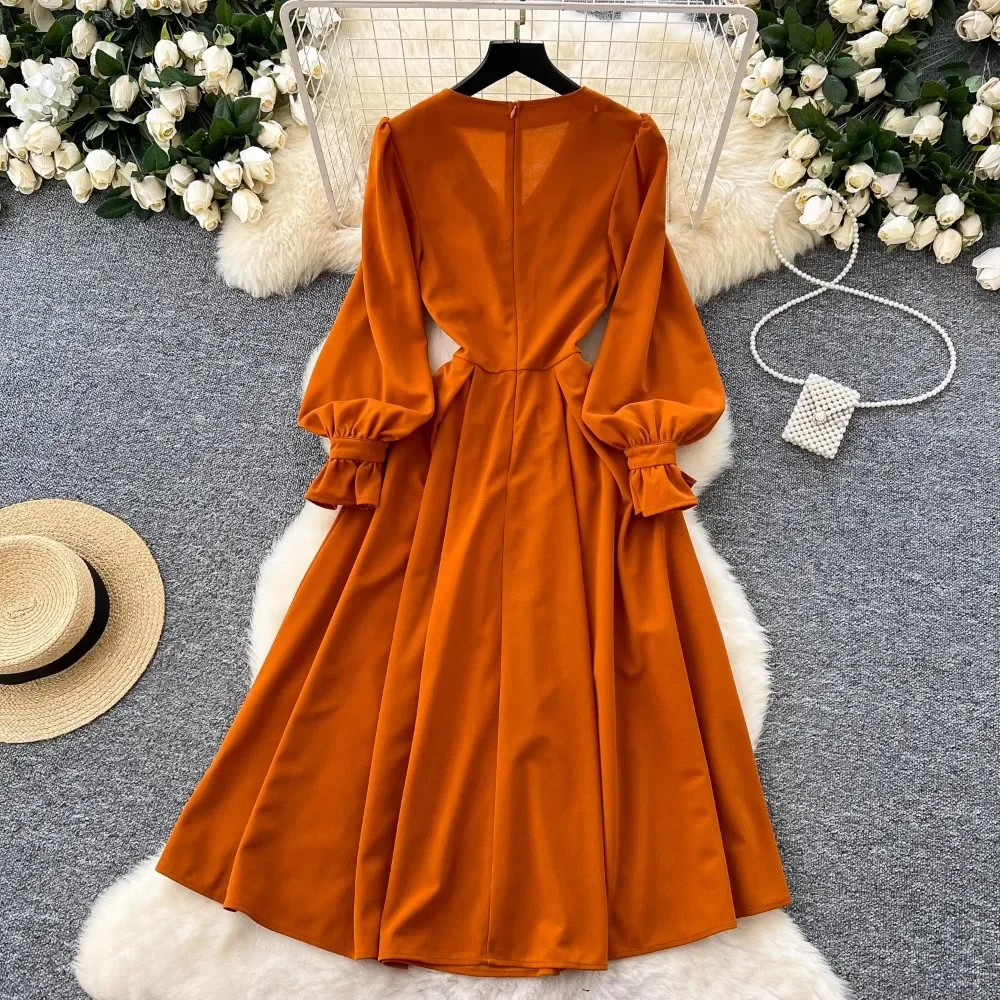 Elegant Lantern Sleeves Vintage V-Neck Chic Embroidered Beads Slim A-line Dresses Evening High Street Autumn Plus Size Clothing