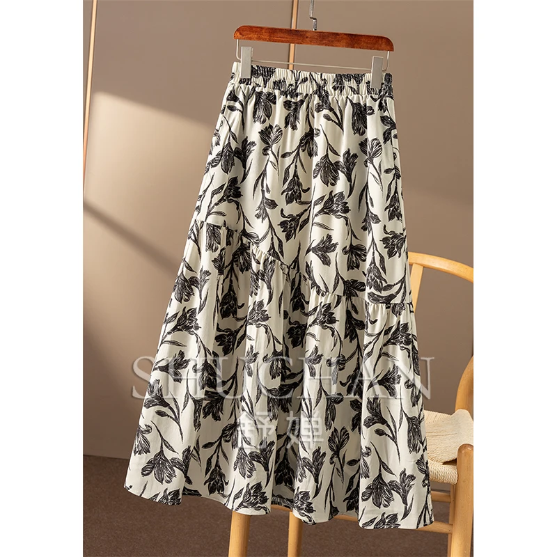 Light and Elegant, French Art Printing 2M + Large Pendulum High Waist Elastic A-shaped Skirt Women 29C1