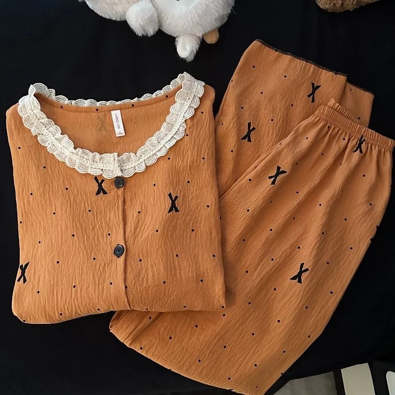 

Bow Print Women's Pajamas Autumn Sleepwear Korean Piiama Lace Pants Sets 2 Pieces Night Wears Button Long Sleeve Home Suit 2025