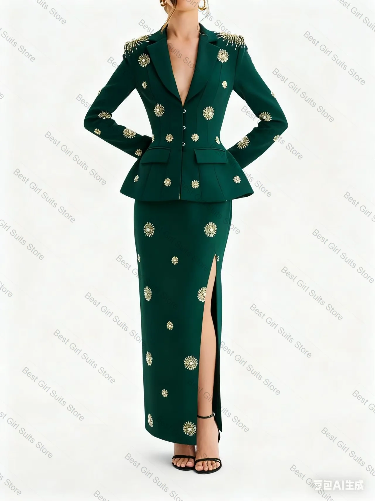 ロイヤルブルークリスタル女性スーツスカートセット 2 ピースブレザー + プロムドレスフォーマルオフィスレディジャケットカスタマイズされた結婚式のゲストコート