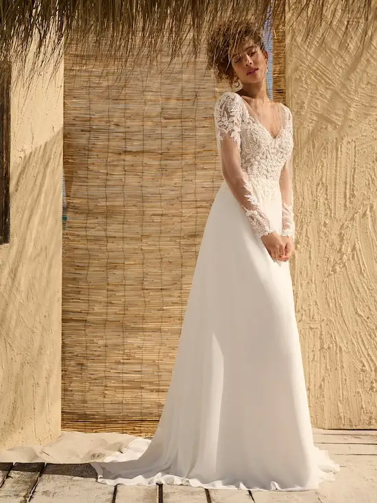 Offenes Rücken Chiffon Brautkleid mit Illusion Spitze und Perlen lange Ärmel Strand Urlaub Brautkleider Abito da Sposa