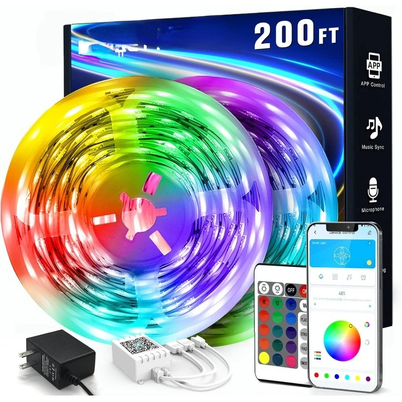 LED Strip Lights 200 ft (2 Rolls of 100 ft), Smart App Control Lighting Bedroom Rome Decor with Remote, RGB Music Sync Color