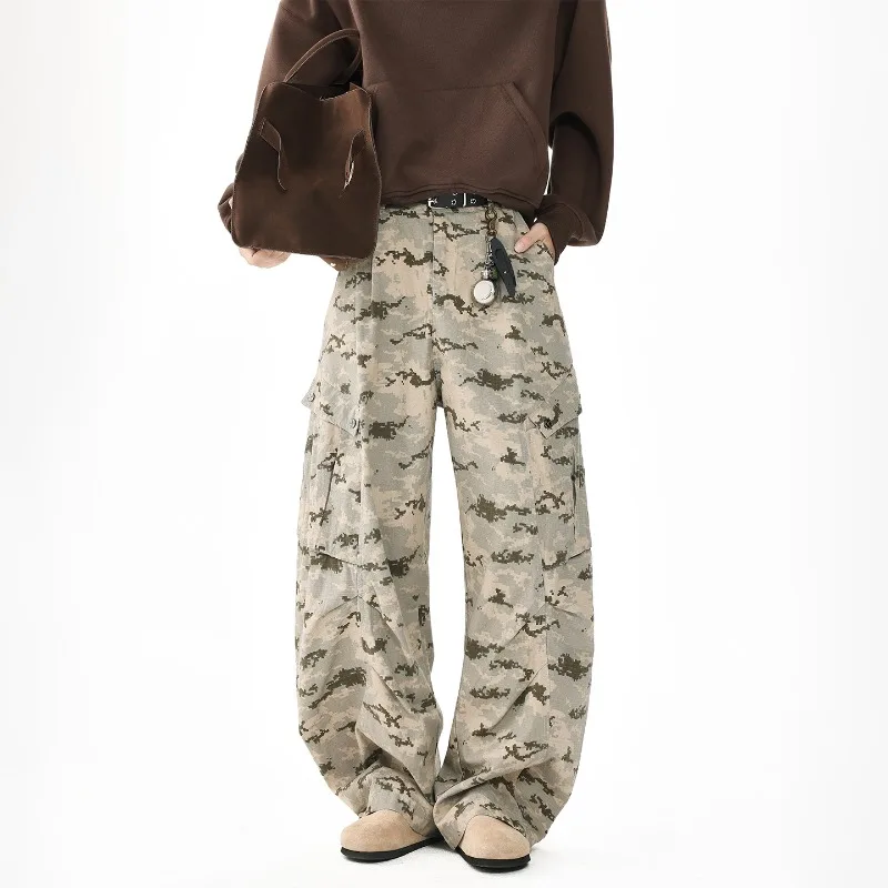

American Style Men's Causal Pants Camouflage Wide Leg Side Pocket Trousers Pleated Design Casual Male Trousers