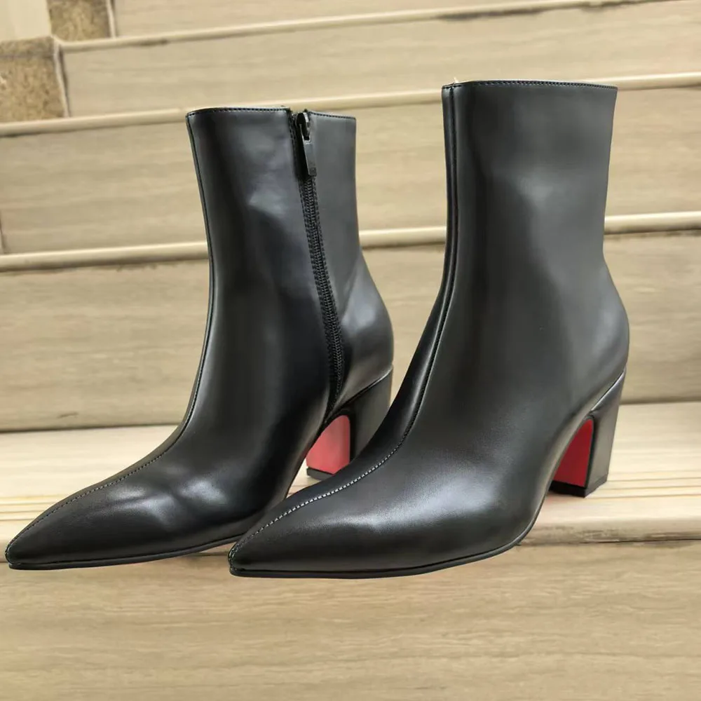 Black Pointed Toe Solid Color Boots Side Zipper High Quality Chunky High Heels High Quality Leather Boots Men Business Boots