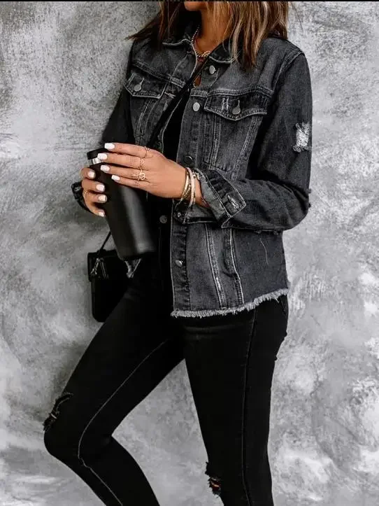 【美品】Be Ambition Black Denim Jacket y2k Cotton Pockets Denim Coat Women Spring Autumn Black Cardigan Jeans