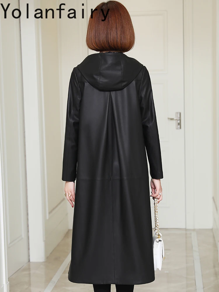YOLANFAIRY Nachrichten Frühling Herbst Echtem Schaffell Leder Jacke Frauen Mit Kapuze Koreanische Mode Lange Echt Leder Graben Mantel Frau