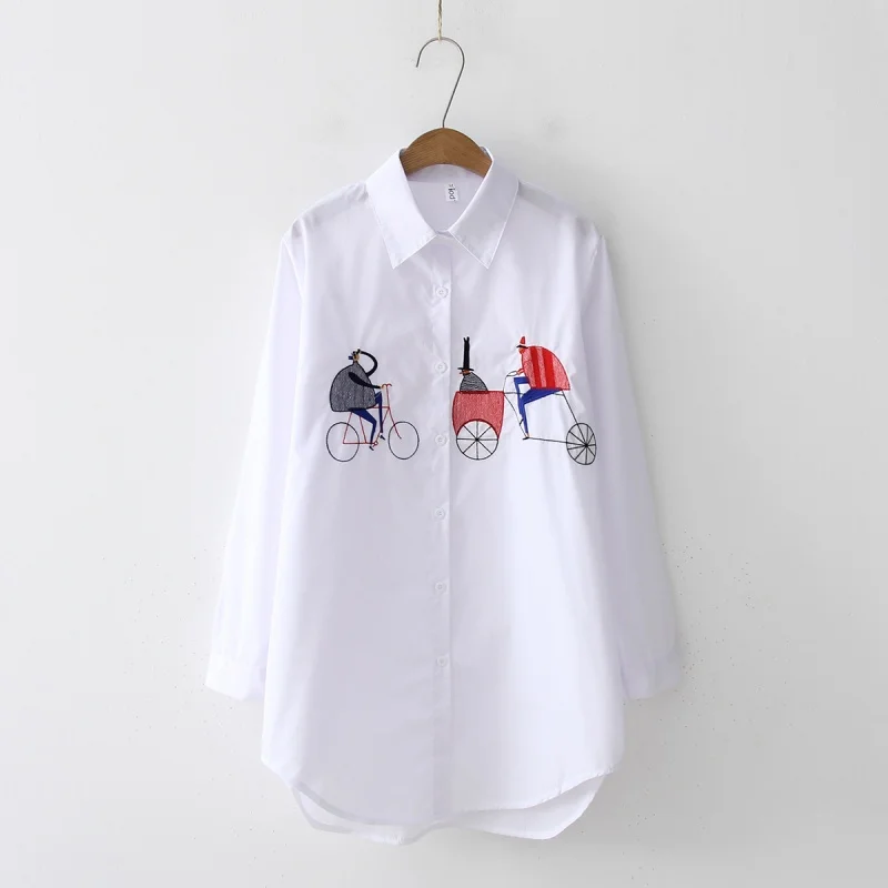 Fashion Long Sleeve Women Shirts Embroidery Cotton White Blouses Office Lady Elegant Loose Tops