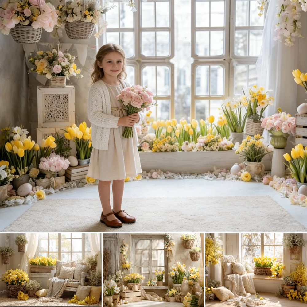 

Spring Flower Photography Backdrop Room Window Wreath Yellow Tulip Floral Baby Kids Portrait Decor Background Photo Studio Props