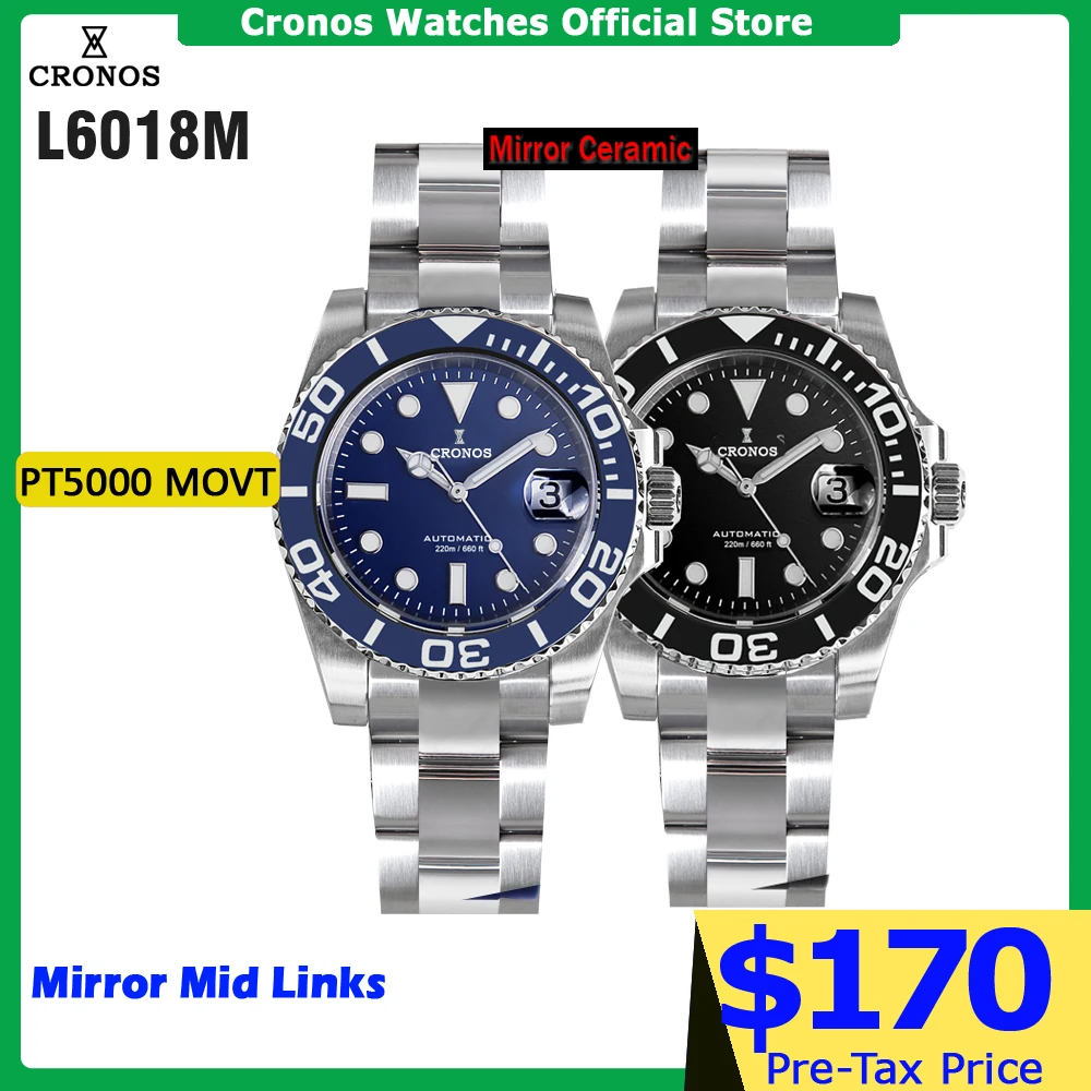 Cronos Sub Diver Men Watch Stainless Steel PT5000 Bracelet Ceramic Bezel 200 Meters Water Resistant L6018