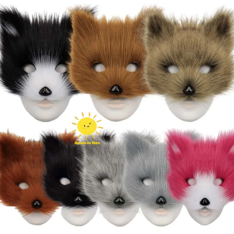 Halloween Half Face Plush Mask Artificial Fox Mask Supplies Horror Cosplay Props Carnival Cos Unisex Colorful Fox Mask for Gifts