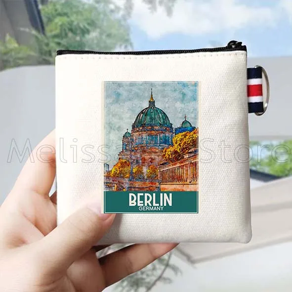 Berlino Atene Austin Bali Beirut Boston Bruges Portamonete in tela Portachiavi Borsa quadrata Borsa per carte di archiviazione chiave Custodia a portafoglio in cotone