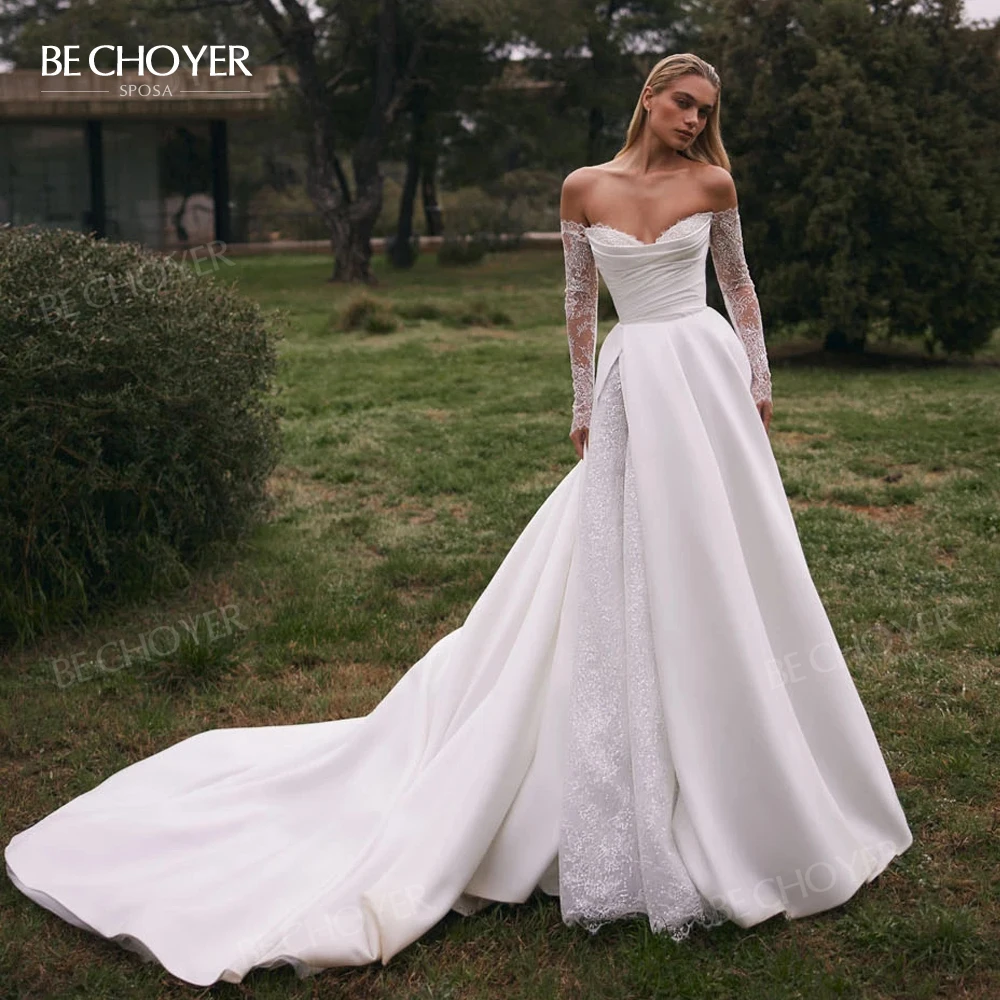 Vestido de novia línea a con hombros descubiertos, Vestido de novia personalizado de manga larga con apliques, Vestido de novia de princesa BECHOYER EL350 2026