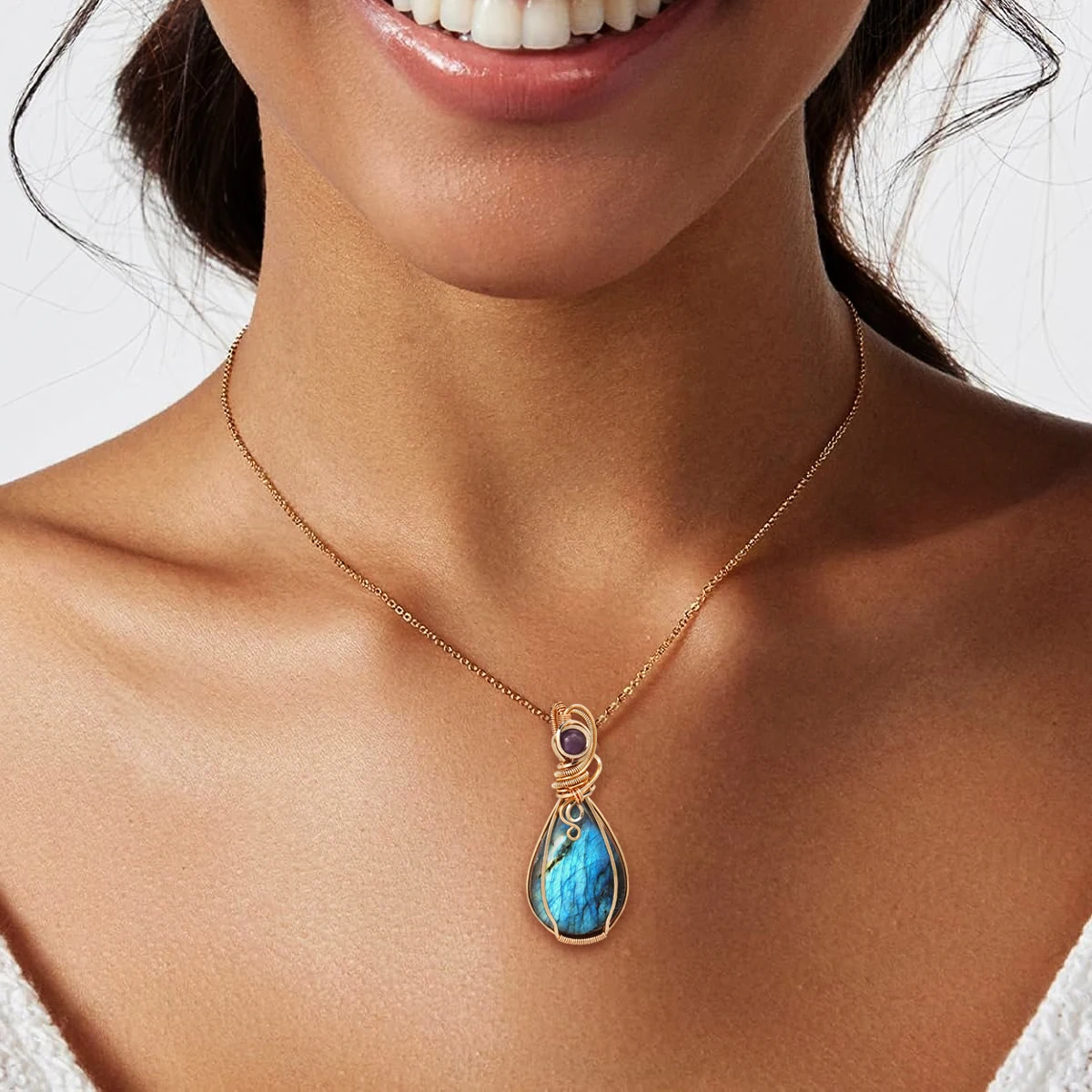 Labrador-Stein-Halskette, Stein-Edelstein-Anhänger, Kupferdraht umwickelter Schmuck, natürliche Labradorit-Halskette, Geschenke für Frauen – Detail 2