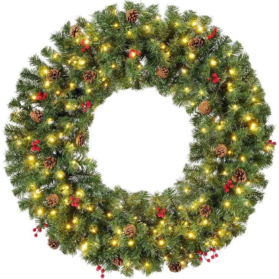 

36-дюймовый рождественский венок с ягодами и шишками для внутреннего и наружного использования, большой искусственный праздничный декор для дверной манти