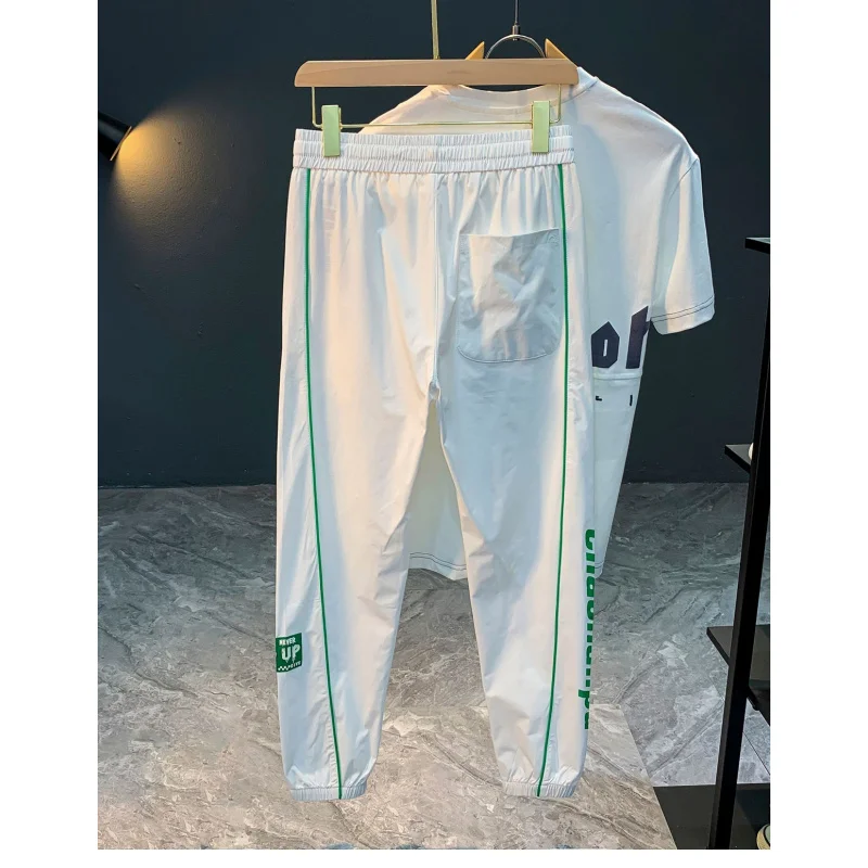 

2025 quick drying casual pants men's ice silk nine point tied foot summer ultra-thin trendy brand printed sports pants