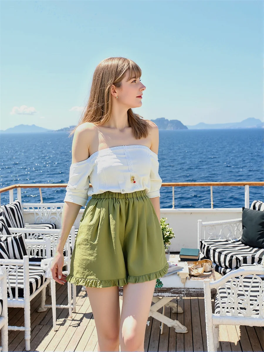 Shorts feminino hortelã verde plissado cintura alta lazer simples estudantes kawaii leopardo cottage moletom listras boxer sono